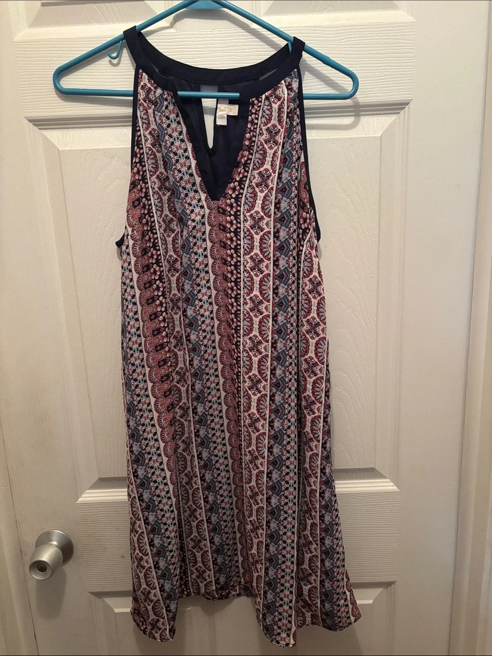 Sleeveless Midi Dress in Red, Navy & White Paisley